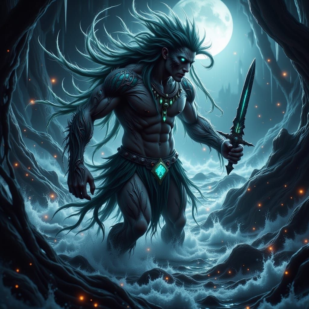 Dark Fantasy Figure Emerges from Ocean Waves in a Foreboding...