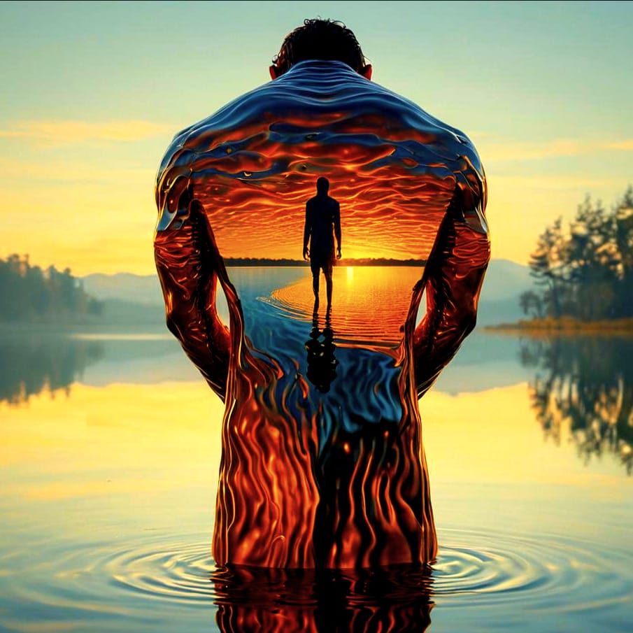 Mystical Figure at Dreamlike Lake in Surreal Style