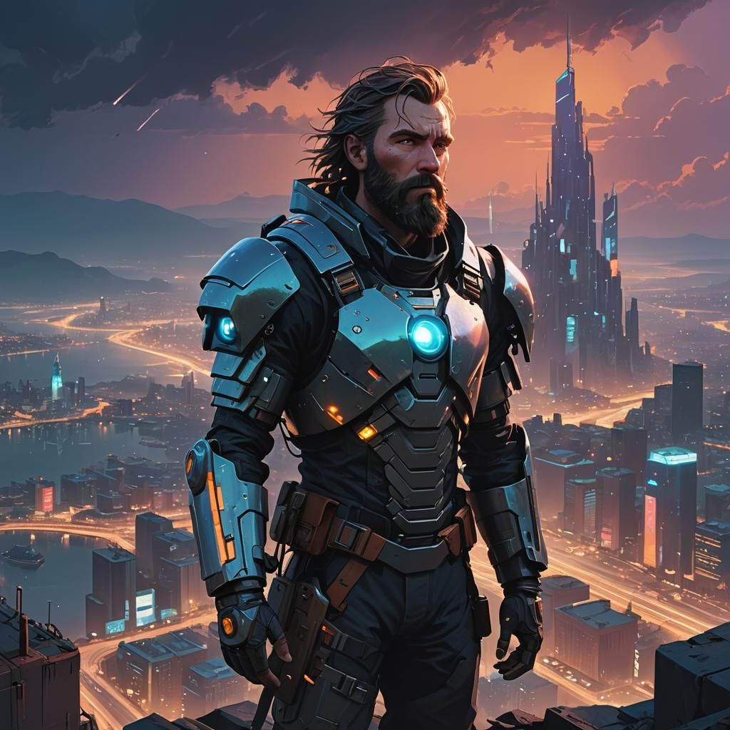 Futuristic Armored Figure Overlooking Mystical Cityscape