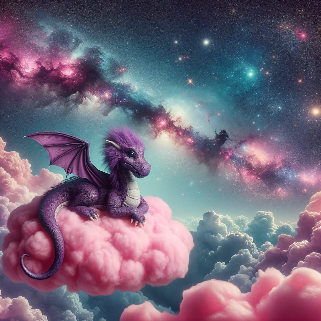 Cosmic Purple Dragon Takes Flight on Fluffy Pink Cloud