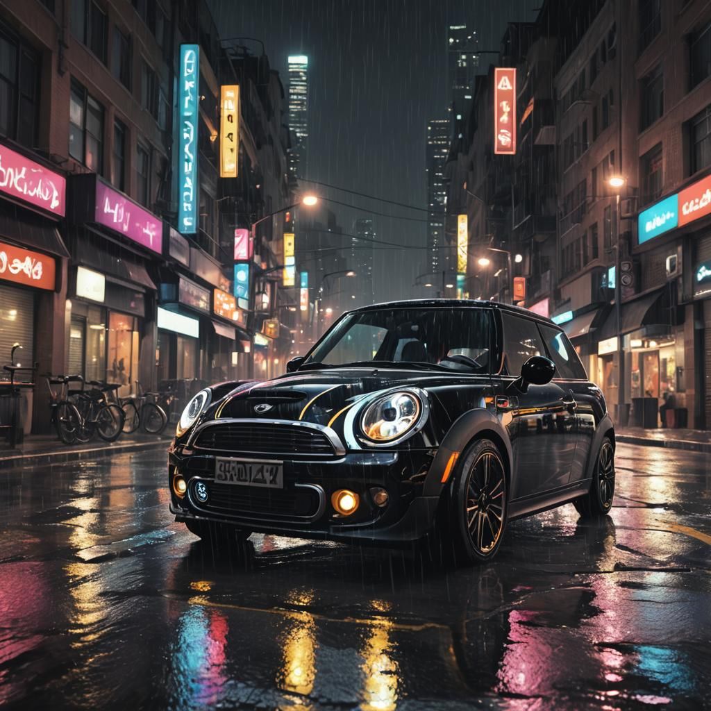 Mini Cooper Speeding: Neon-Lit Digital Painting