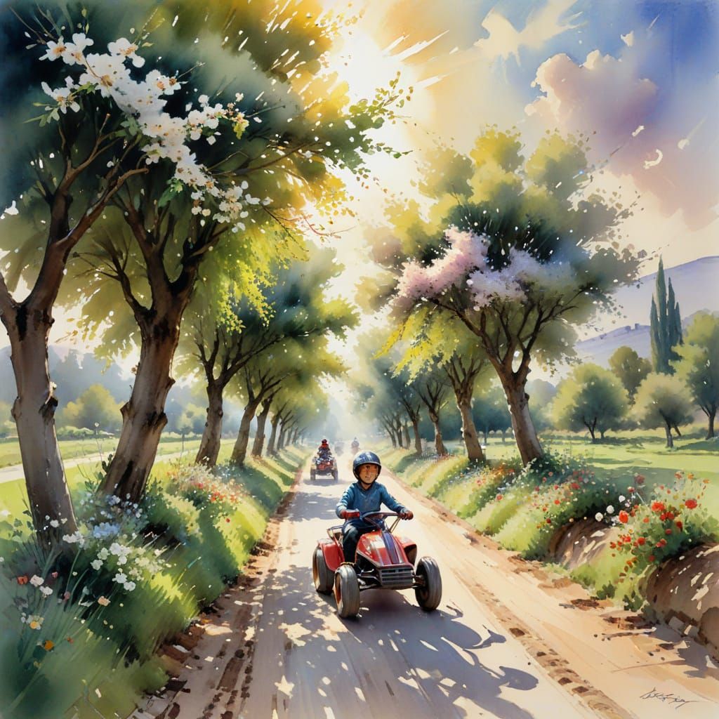 Boys Racing Billykarts in a Vibrant Countryside Landscape wi...