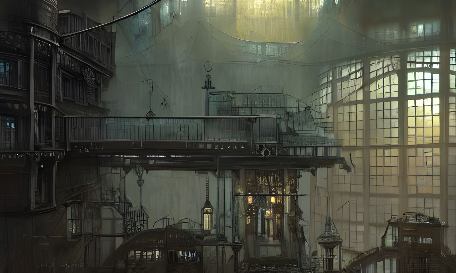 Steampunk Railway Station in Dystopian Painting Style