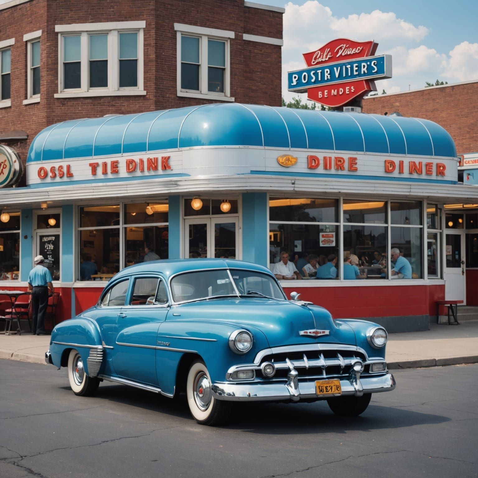 Blue 1949 Chevy Diner Scene in Vintage Postcard Style