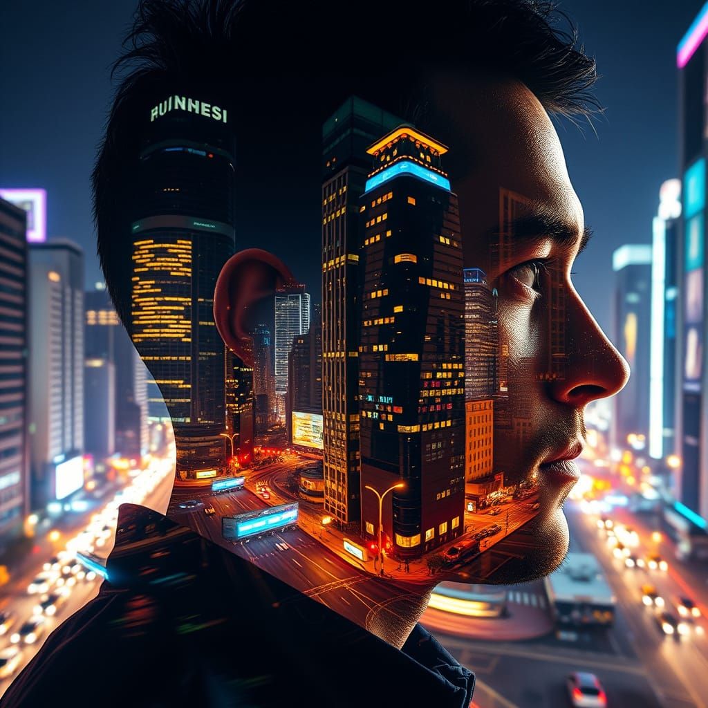 Futuristic Double Exposure: Man and Cityscape