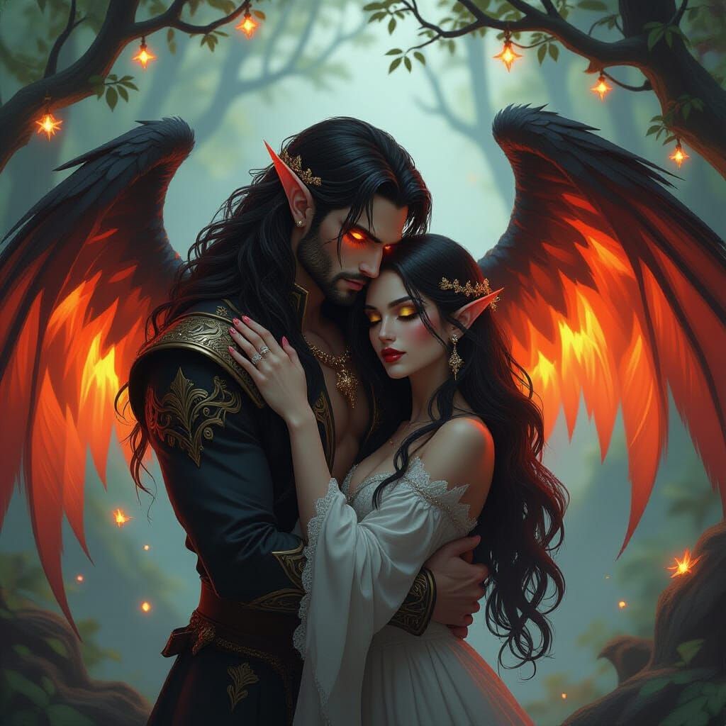 Fire Genasi and Vampire Queen Embrace Under Werewood