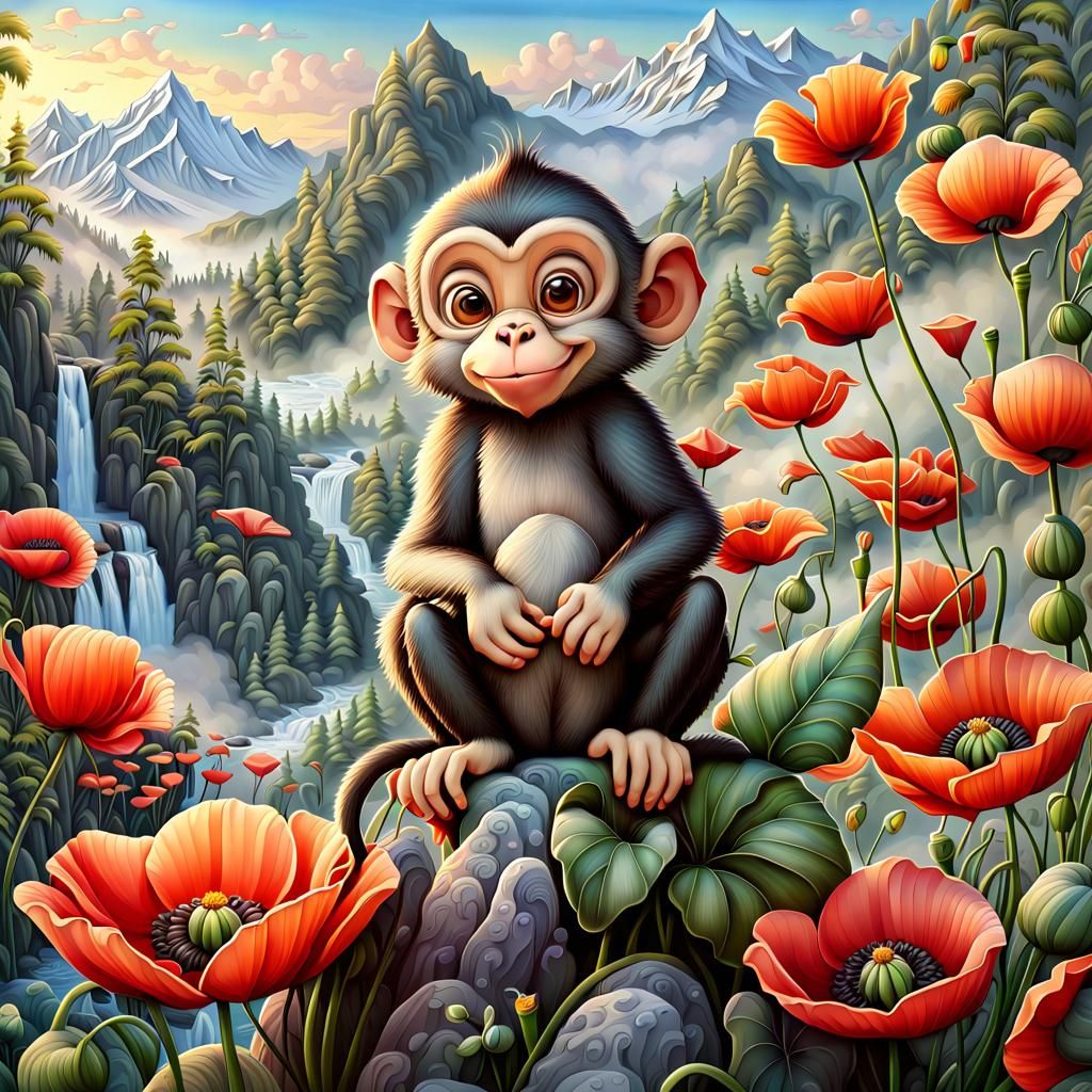 Cute Monkey on Poppy Flower in Graphite Art Style