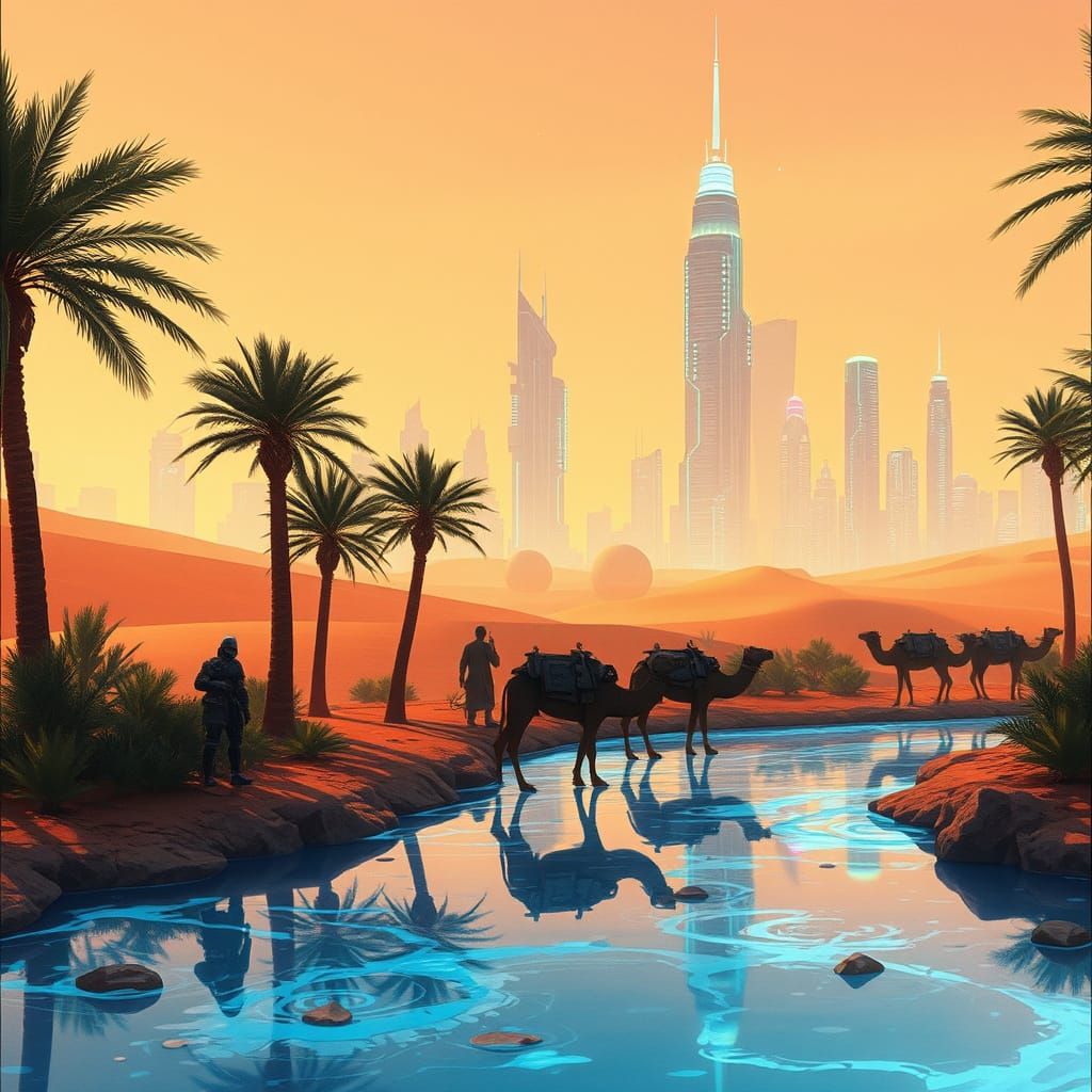 Cyberpunk Oasis with Futuristic Caravan