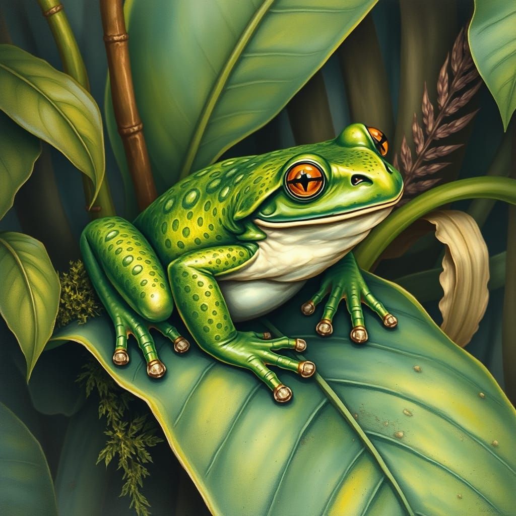 Realistic Green Frog Illustration in Whimsical Watercolor St...