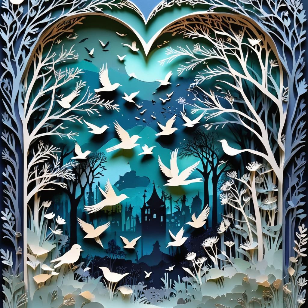 Eerie Twilight Garden in Paper Mosaic Style