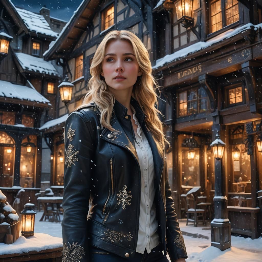 Blond Woman Outside Tavern in Winter Night, Digital Painting