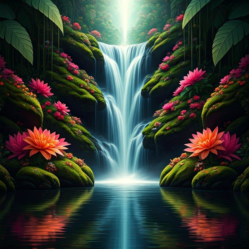 Serene Waterfall in Vibrant Floral Landscape