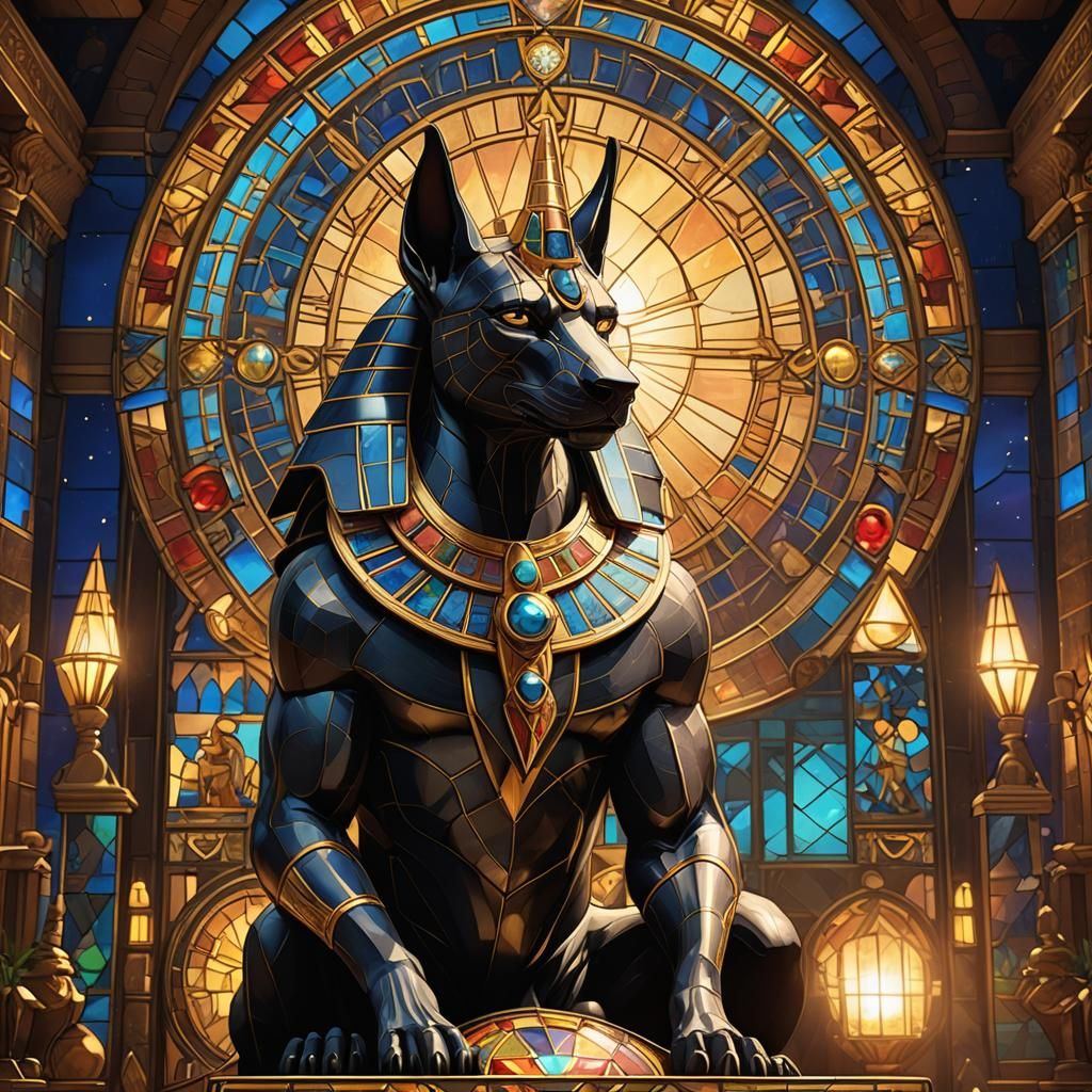 Anubis in Art Nouveau Stained Glass Style