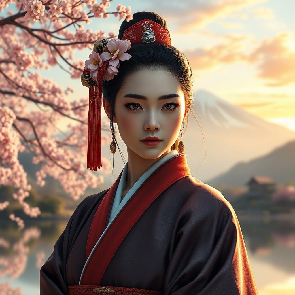 Surreal Portrait of Female Samurai in Cherry Blossom Paradis...