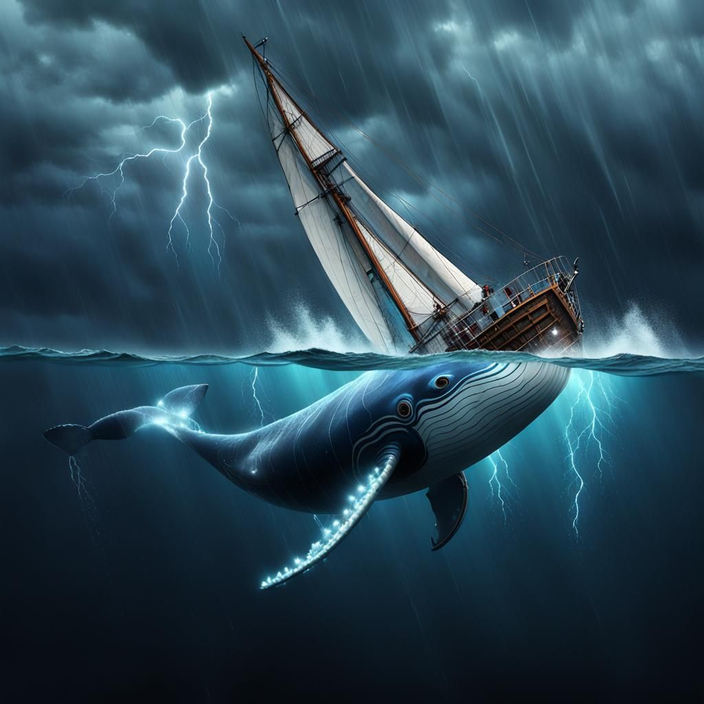 Whale and Sailboat in Stormy Seas