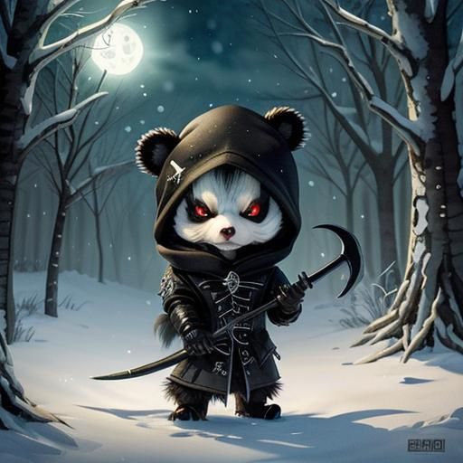 Undead Chibi Skunk with Scythe in Winter, Watercolor