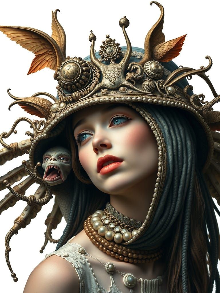 Surrealist Woman Wears Whimsical Madcap in Dreamlike Setting