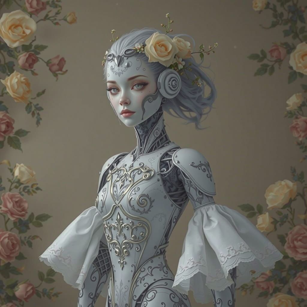 Elegant Cyborg with Florals in Anime Style