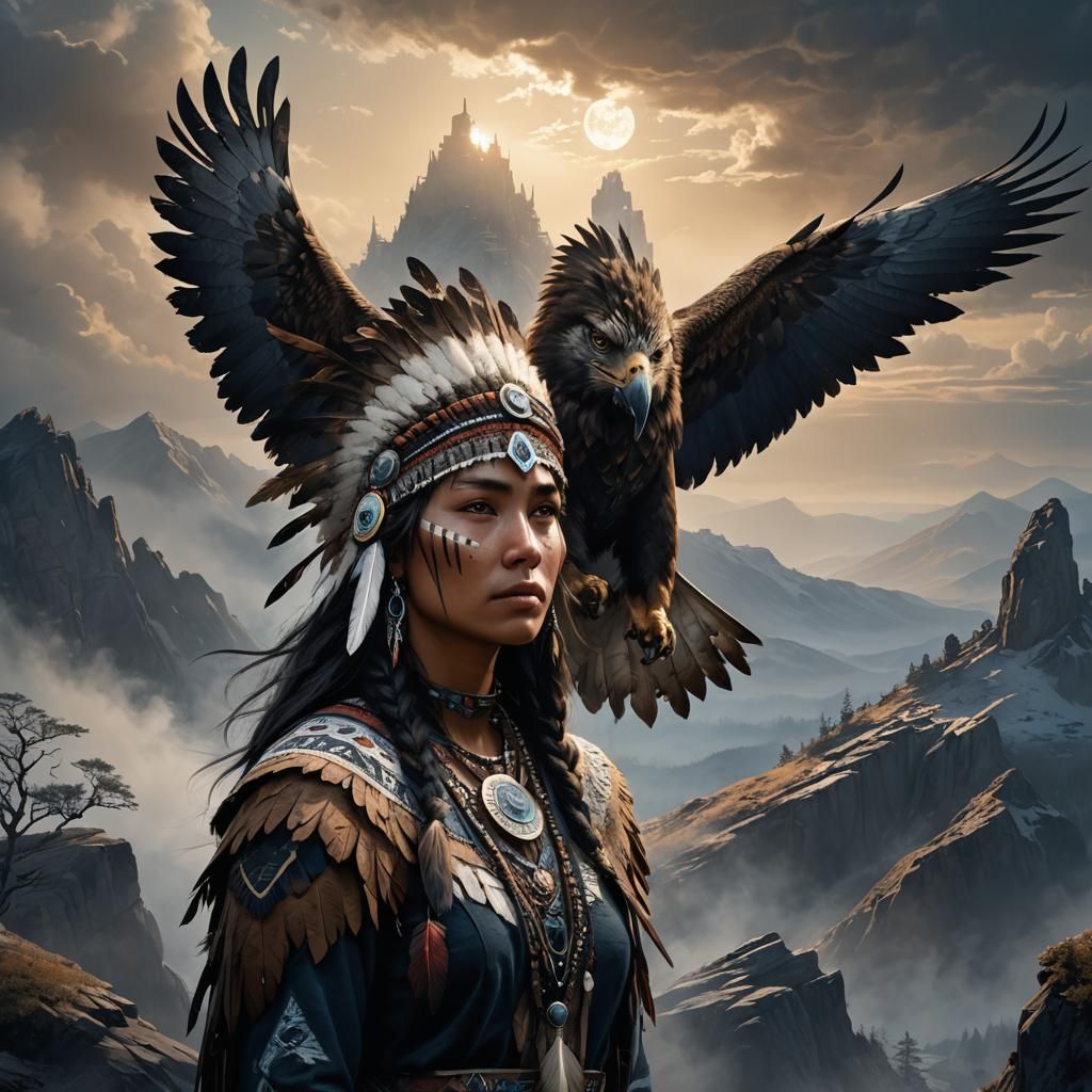 Native American Woman with Eagle in Dark Fantasy Style