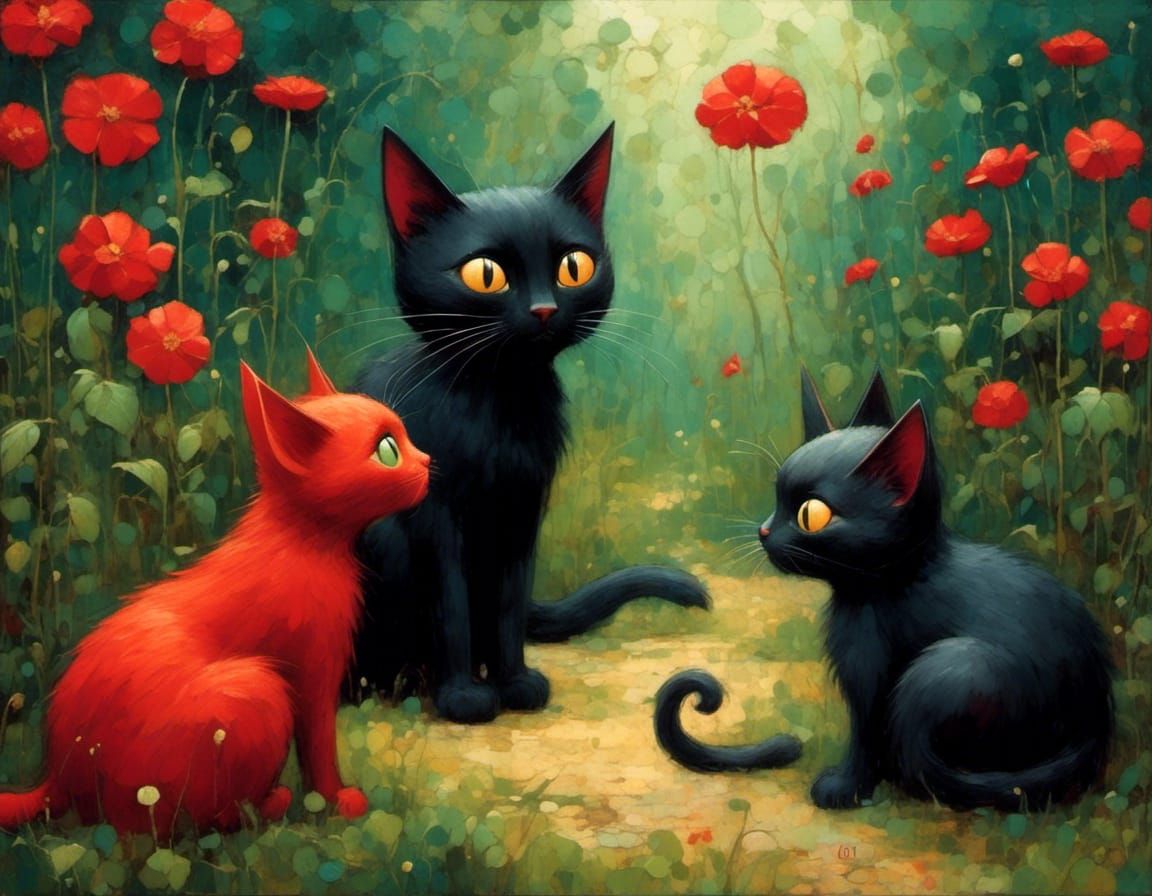 Charming Cats Chatting in Backyard, Oil Painting Style