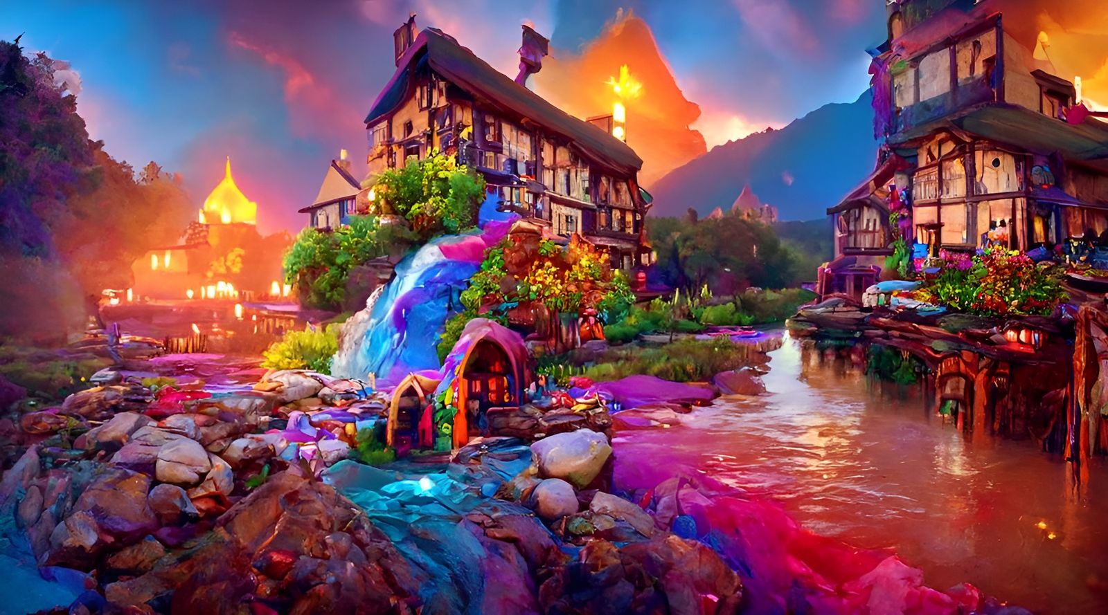 Colorful River Inn: A Detailed Fantasy Vista