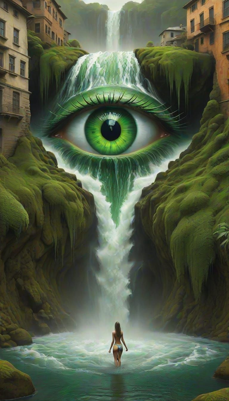Fantasy Eye in LSD-Inspired Waterfall Scene