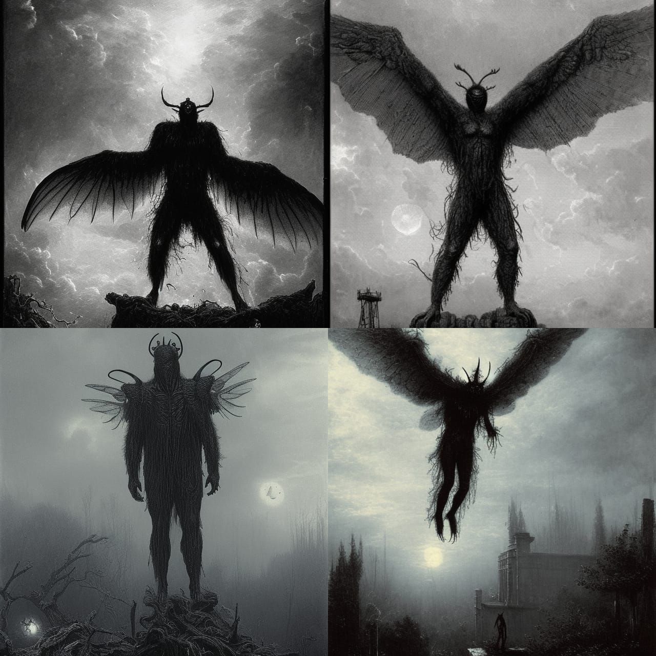 Mothman Horror in Woods: Engraving Style