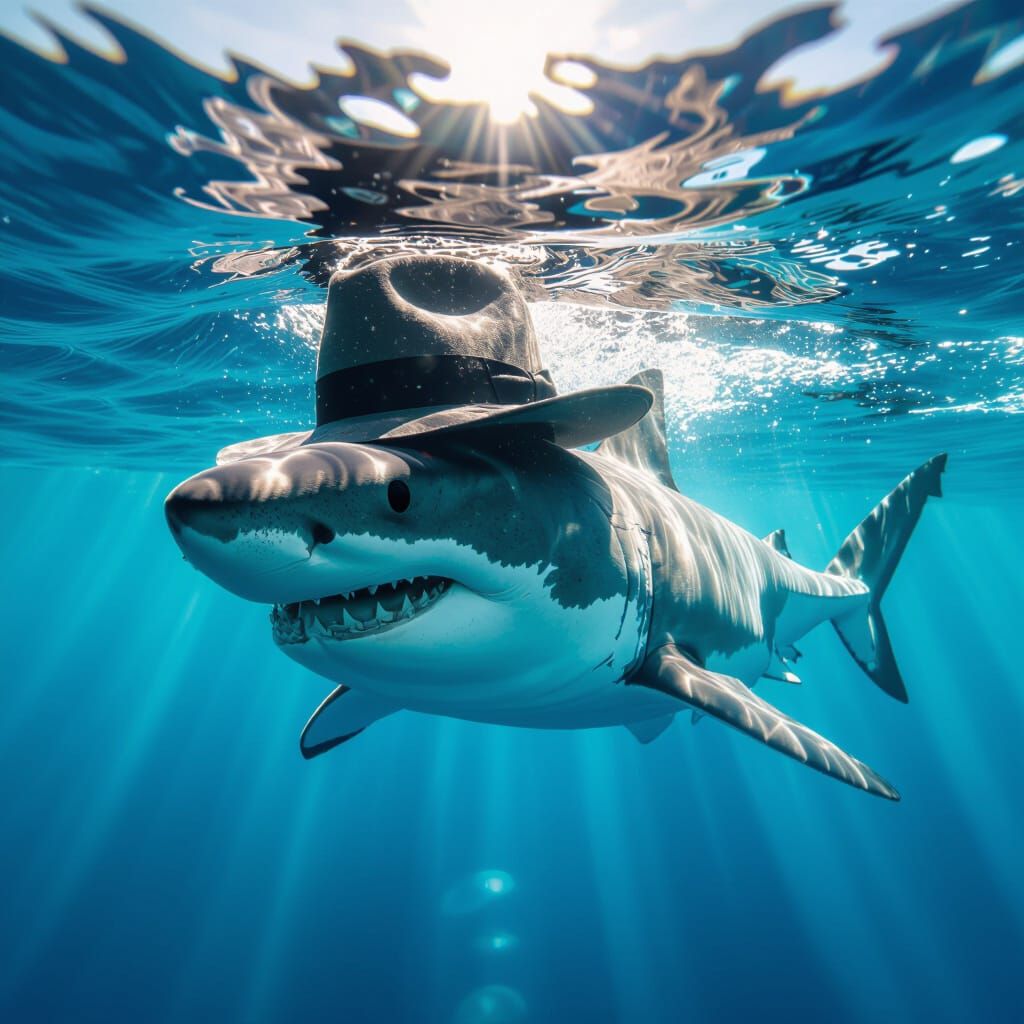 Photorealistic Shark in Fedora Hat Underwater