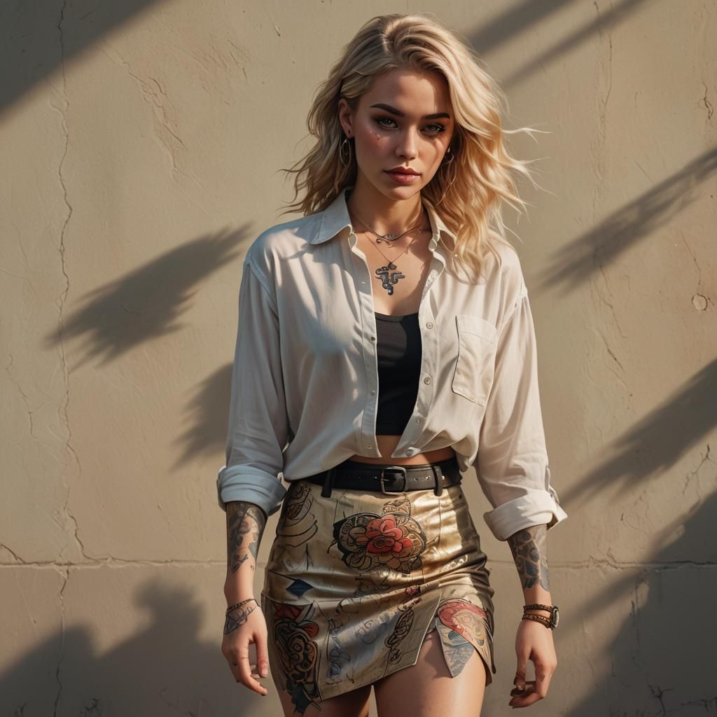 Blonde Bombshell Portrait with Tattoos in 8k