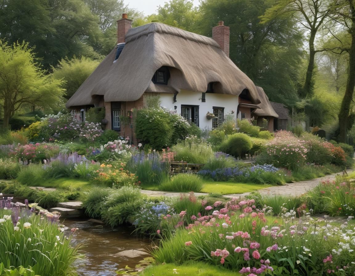 Idyllic Thatched Roof House with Spring Garden
