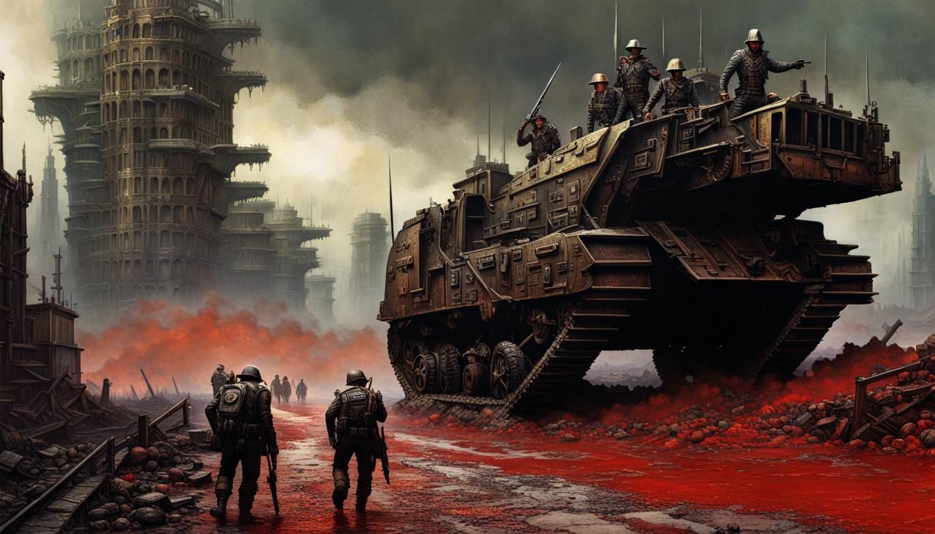 Dystopian City at War in Dark Fantasy Style