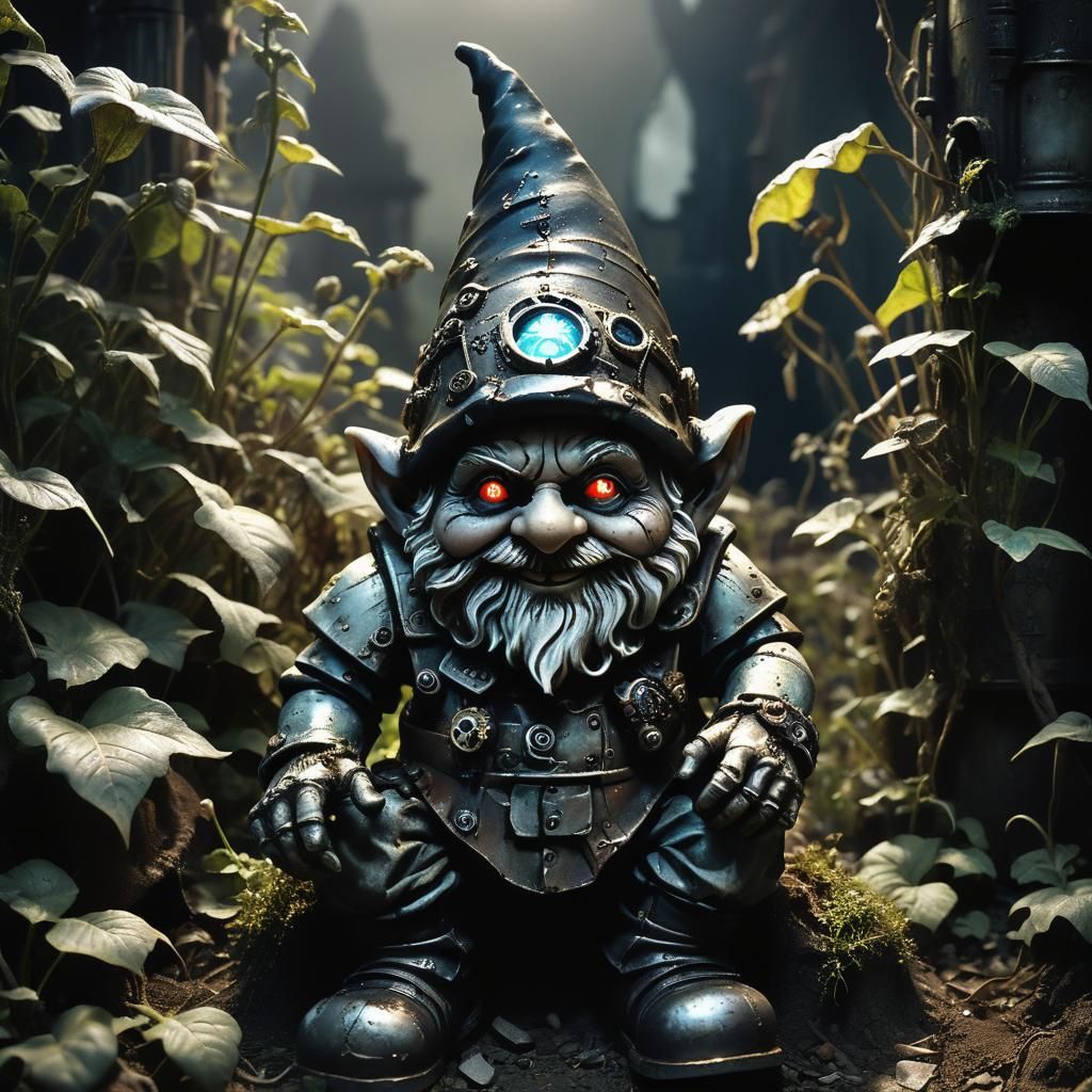 Gothic Steampunk Garden Gnome in Abandoned Garden
