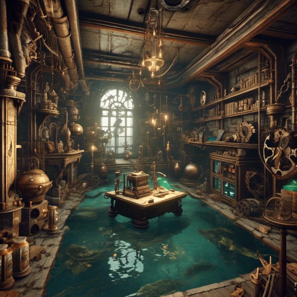 Underwater Steampunk Laboratory Studying Ancient Artifacts