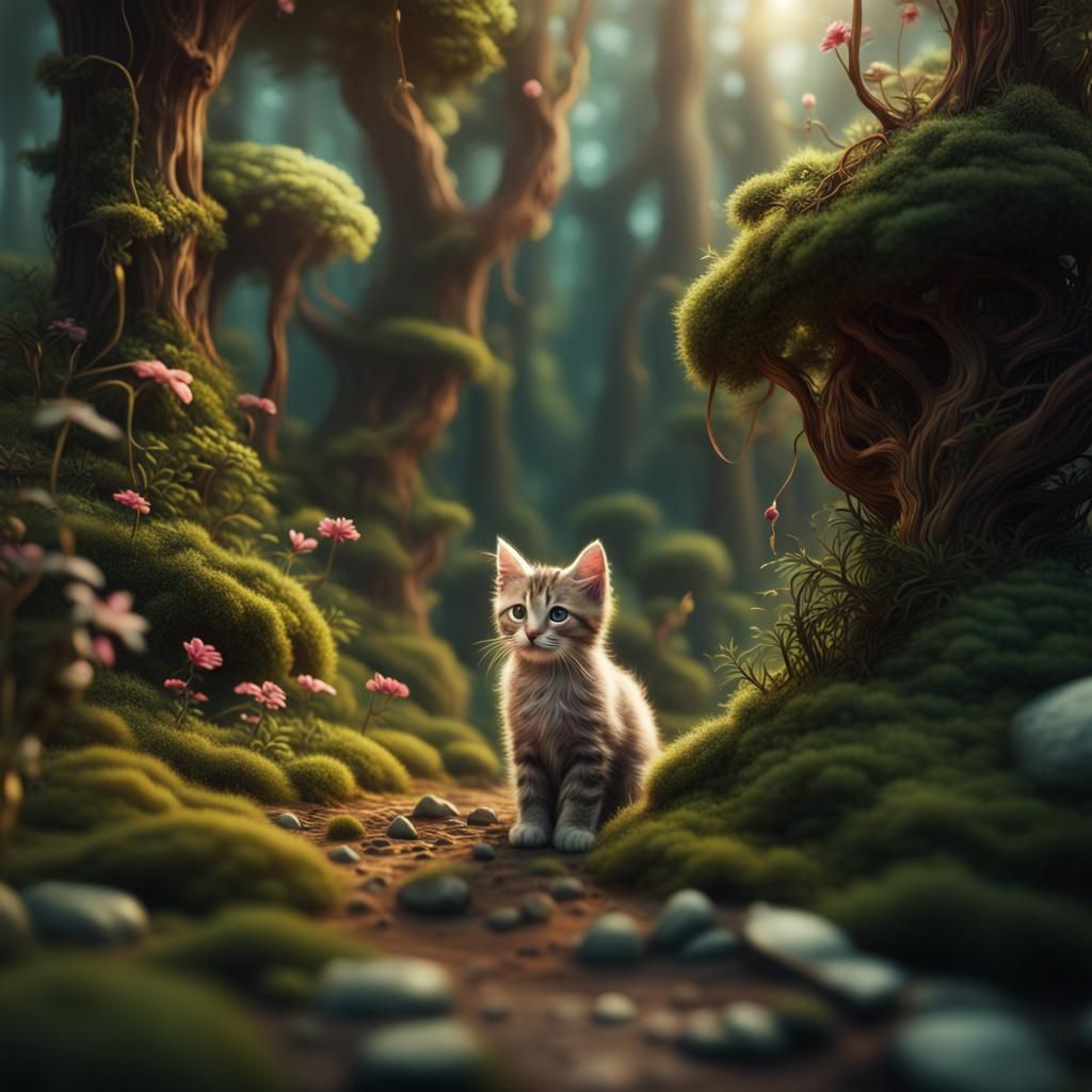 Kitten in Miniature Forest: Digital Matte Painting