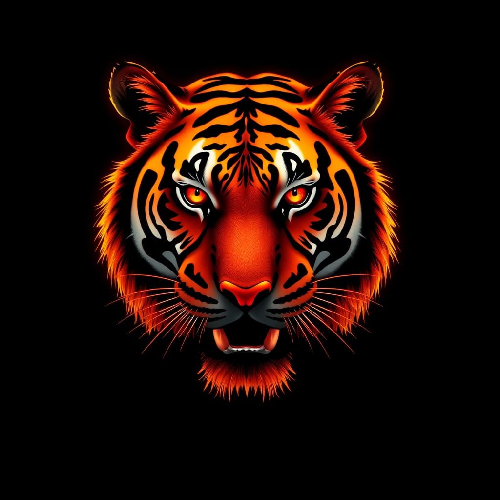 Electric Neon Orange Tiger on Black Background