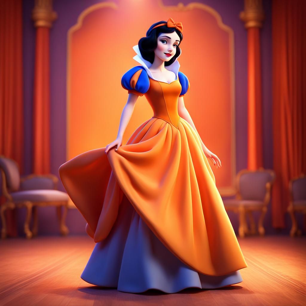 Snow White in Orange Dress, Pixar Style