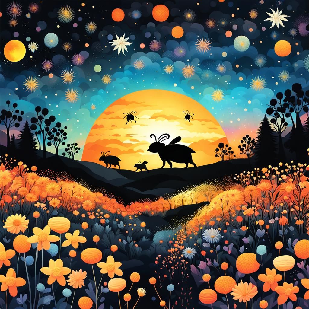 Bees Gathering Nectar at Sunset: Digital Art