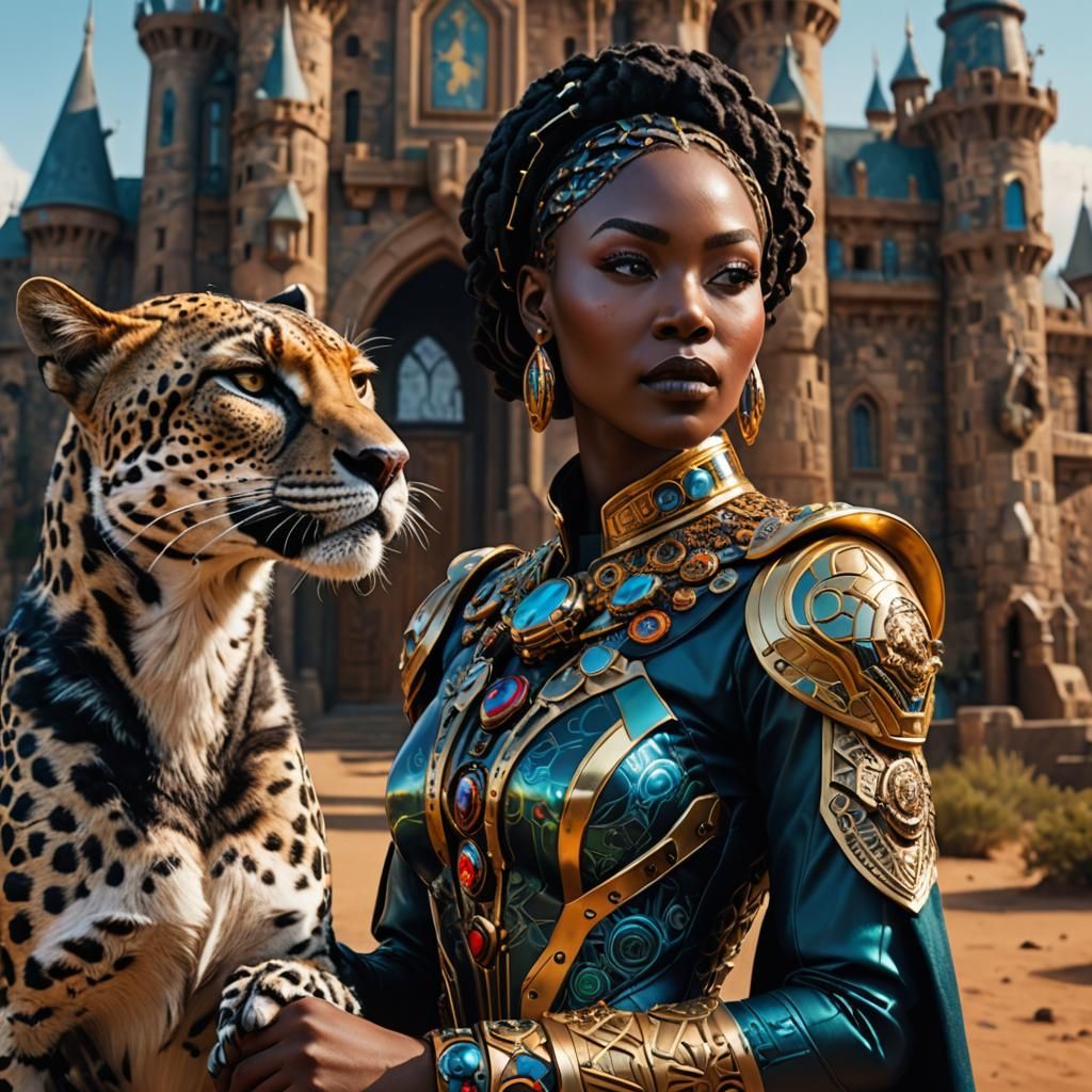 Nigerian Woman with Cyborg Cheetah: Hyperrealistic Sci-Fi Ar...