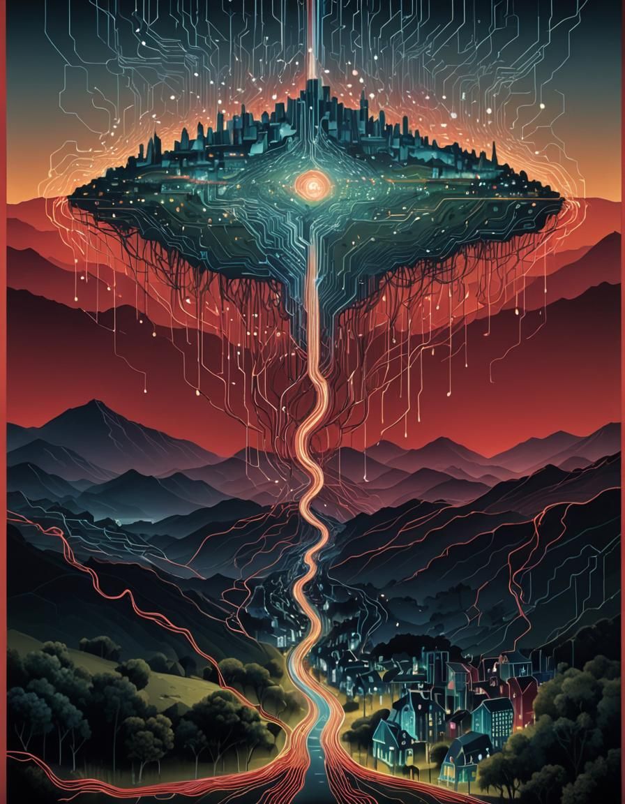 Circuitry Data Stream Landscape in Digital Art Style