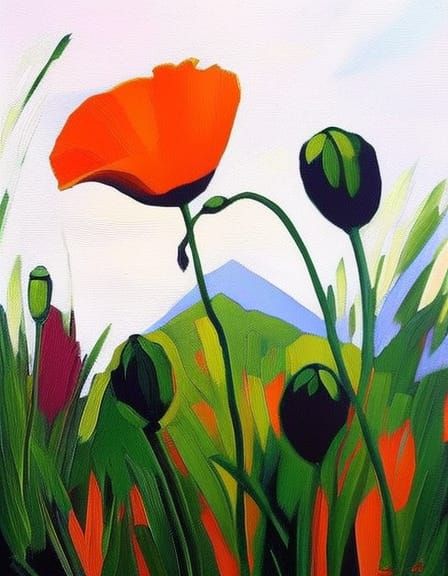 Beautiful Orange Poppy in Fauvism Style