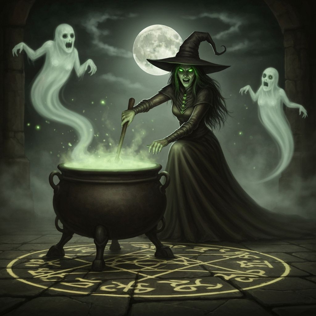 Witch Brews Potion Under Full Moon With Swirling Ghosts