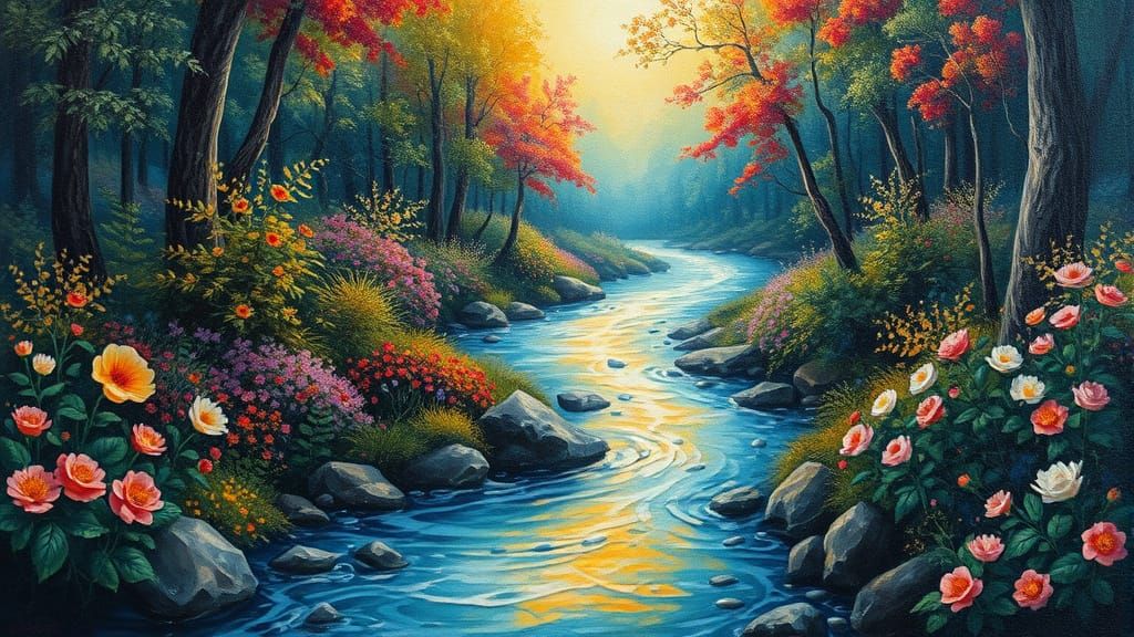 Ethereal River Flows Through Lush Forest: Mixed Media