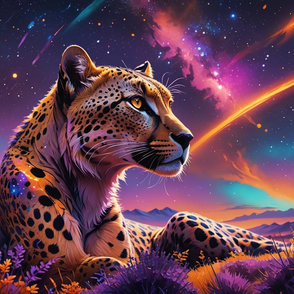 Galaxy Cheetah Gazing at Stars: Digital Matte Painting