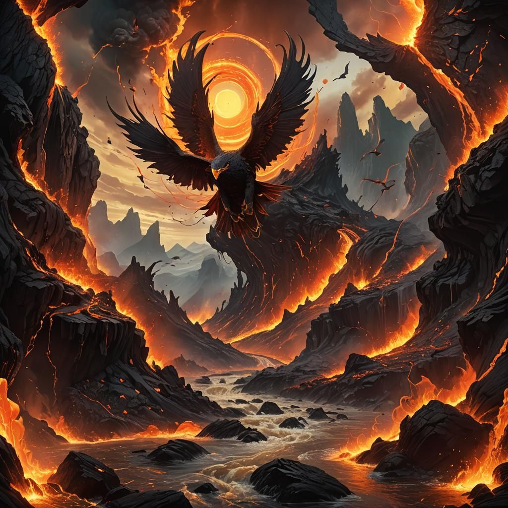 Lava River Flows to Blazing Sun, Fantasy Art