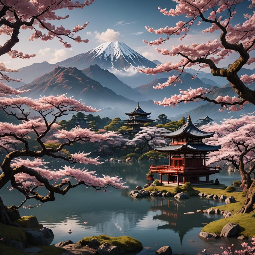 Ancient Sakura Tree by Lake: Fantasy Concept Art