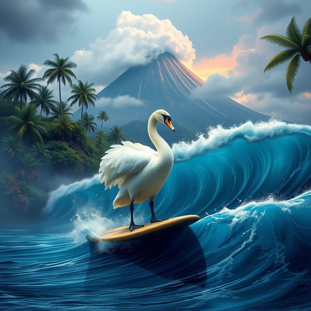 Surreal Fantasy Swan Rides Tsunami Wave on Tropical Island