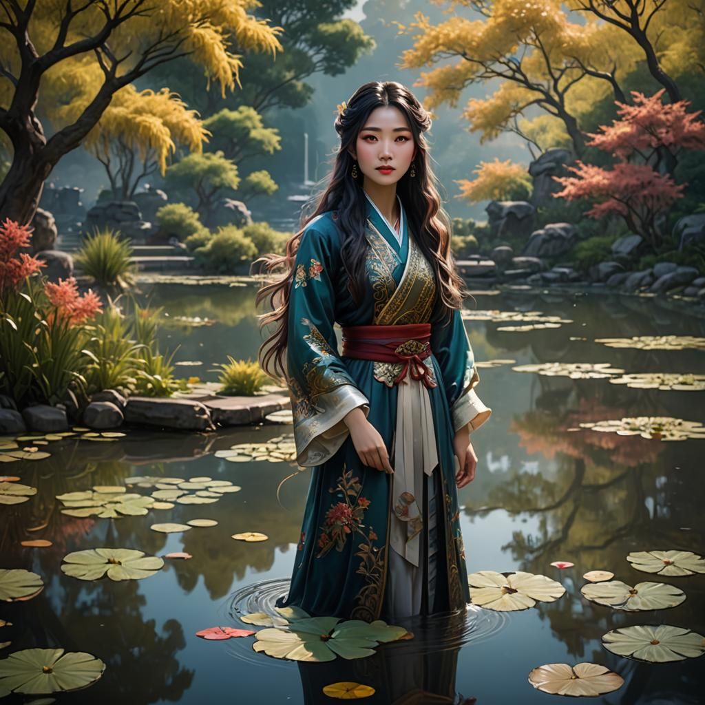 Impressionistic Chinese Girl by Pond, Fantasy Art