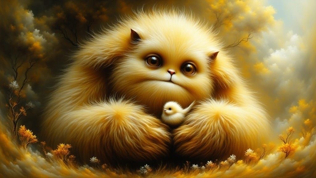 Whimsical Creature Nurtures Baby Bird with Tender Care