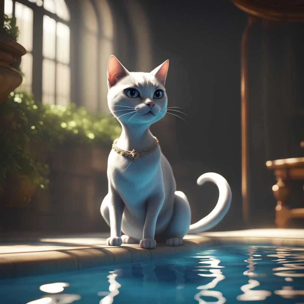Cinderella Cat Relaxation in Pool, 3D Render