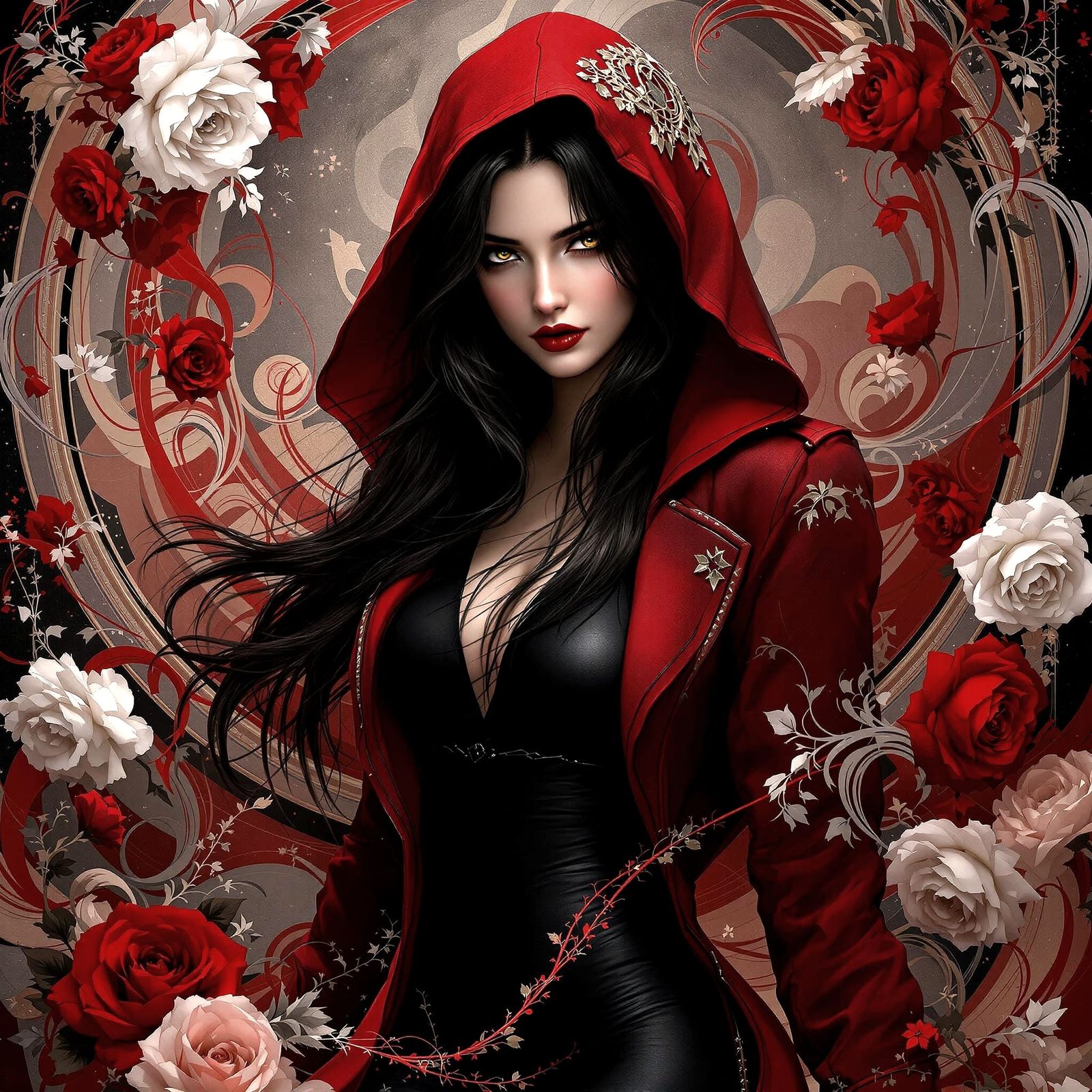 Elegant Dark Fantasy Assassin in Vibrant Red Attire